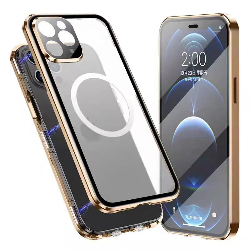 360 Full Protection Double Sided Glass Magnetic Phone Case For iPhone 15 14 13 12 Pro Max 15 Plus Metal Bumper Protection Cover