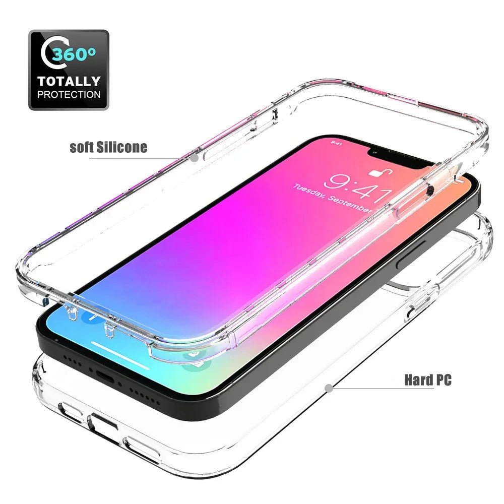 360 Full Protection Shockproof Transparent Phone Case For iPhone 16 15 14 11 12 13 Pro Max Double-sided Silicon TPU Back Cover