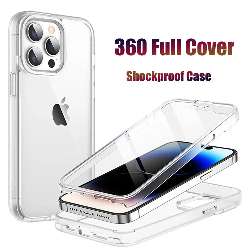 360 Full Protection Shockproof Transparent Phone Case For iPhone 16 15 14 11 12 13 Pro Max Double-sided Silicon TPU Back Cover