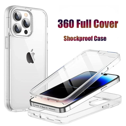 360 Full Protection Shockproof Transparent Phone Case For iPhone 16 15 14 11 12 13 Pro Max Double-sided Silicon TPU Back Cover