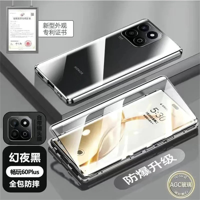 360 Full Magnetic Case For Honor 200 Smart 5G X7C Cover Double Sided Adsorption Metal Tempering Glass Protection Phone Shell